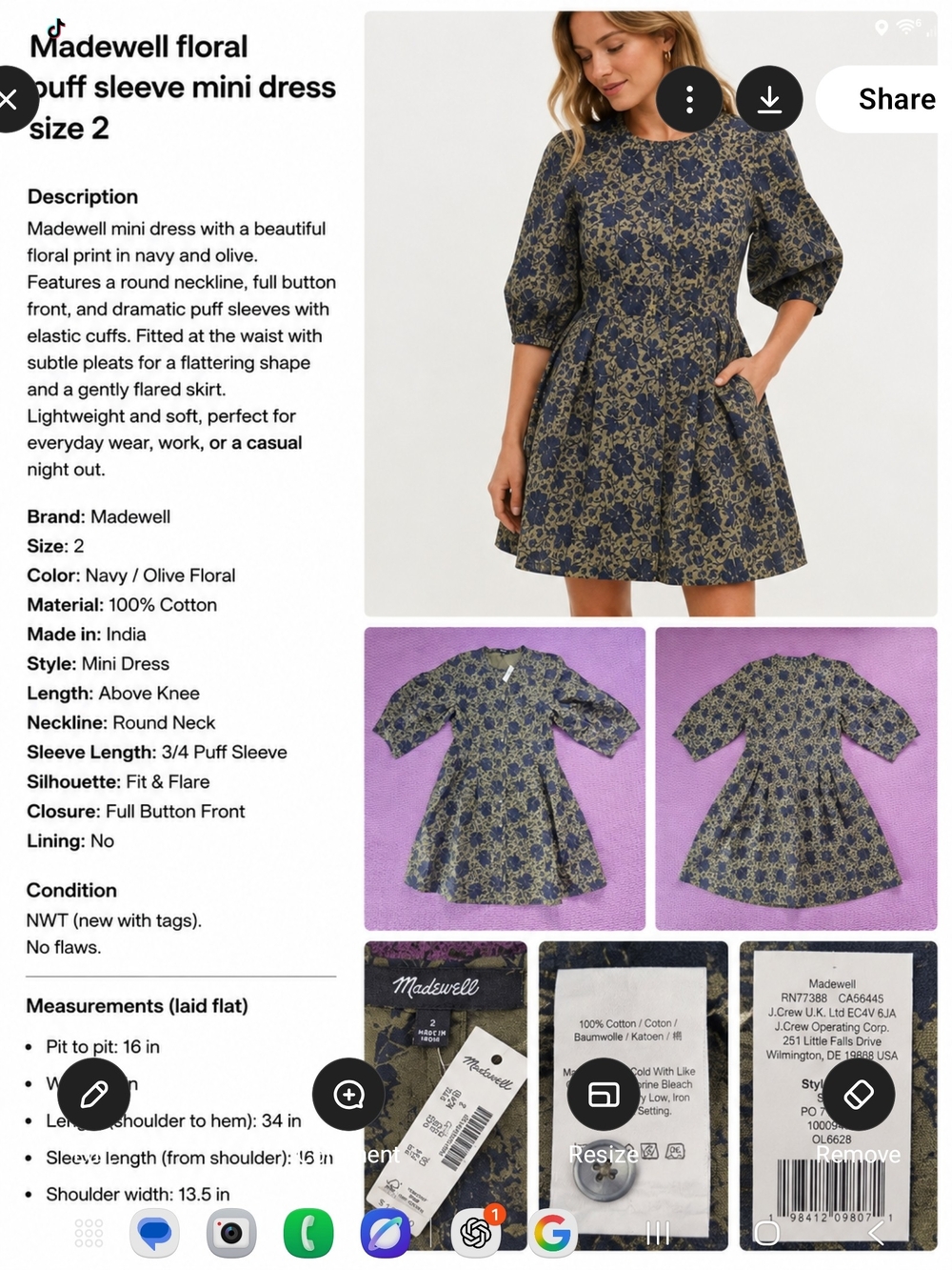 Madewell Navy & Olive Floral Puff Sleeve Mini Dress